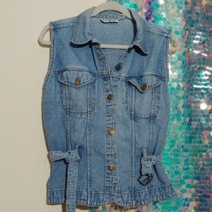 ☮Vintage Denim Jean Button Up Belted Vest